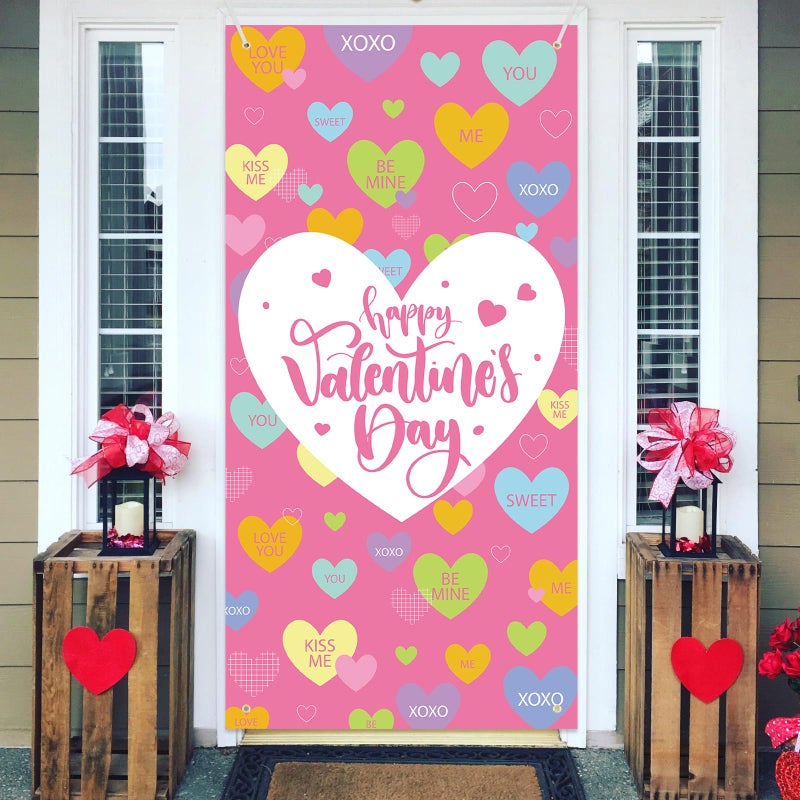 Photken 73 x 36 Inch Happy Valentineâ€™s Day Banner Door Cover, Colorful Candy Heart Themed Porch Sign, Large Pink Front Door Wall Backdrop for Indoor Outdoor Romantic Party Decorations and Photo Booth Props - Image 4