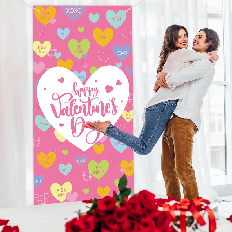 Photken 73 x 36 Inch Happy Valentineâ€™s Day Banner Door Cover, Colorful Candy Heart Themed Porch Sign, Large Pink Front Door Wall Backdrop for Indoor Outdoor Romantic Party Decorations and Photo Booth Props - Image 5