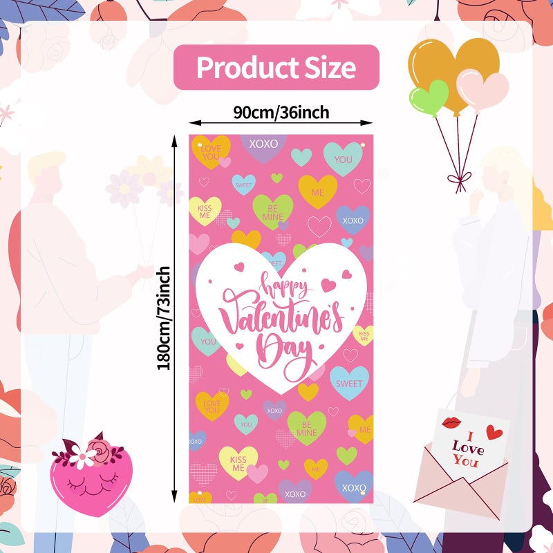 Photken 73 x 36 Inch Happy Valentineâ€™s Day Banner Door Cover, Colorful Candy Heart Themed Porch Sign, Large Pink Front Door Wall Backdrop for Indoor Outdoor Romantic Party Decorations and Photo Booth Props - Image 2