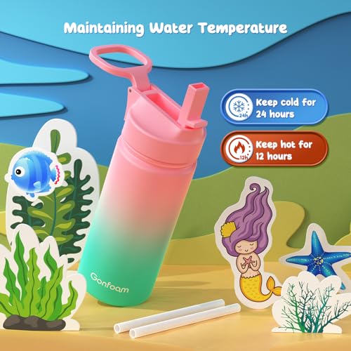 Gonfoam Kids Water Bottle, 2-Pack 16oz Kids Water Bottle with Stickers for School, insulated Stainless Steel Straw Cup(Pink+Blue) - Image 3