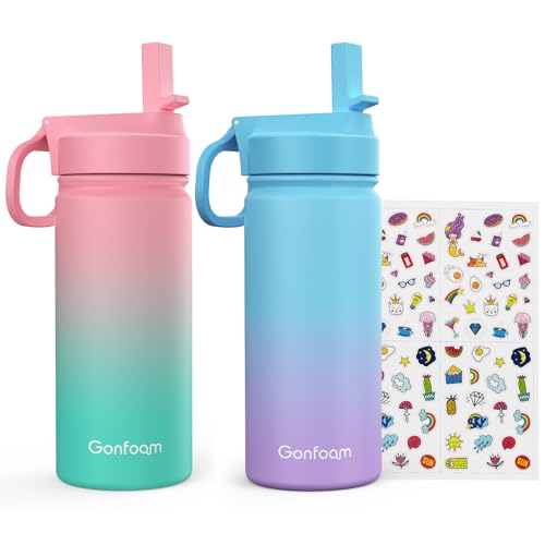 Gonfoam Kids Water Bottle, 2-Pack 16oz Kids Water Bottle with Stickers for School, insulated Stainless Steel Straw Cup(Pink+Blue) - Image 1