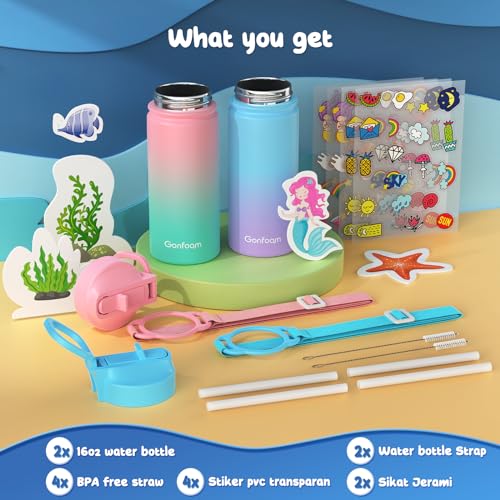 Gonfoam Kids Water Bottle, 2-Pack 16oz Kids Water Bottle with Stickers for School, insulated Stainless Steel Straw Cup(Pink+Blue) - Image 2