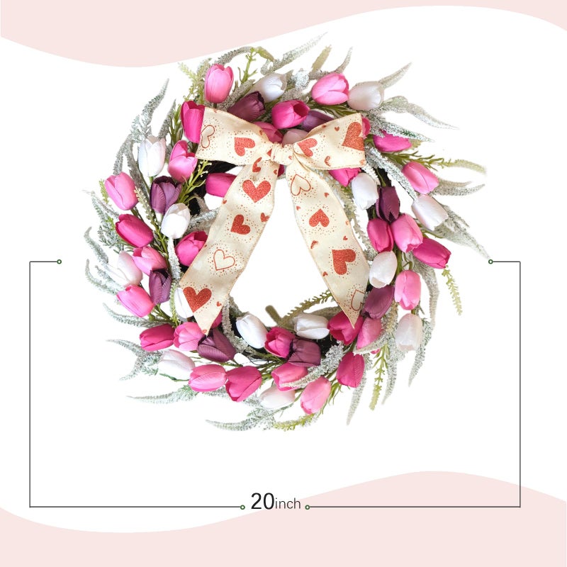 Bibelot 20 Inch Tulip Wreath for Front Door, Spring Summer Wreath with Pink White Purple Artificial Flowers, Valentines Day Wreaths for Wedding Gifts Window Wall Festival Decorations - Image 3