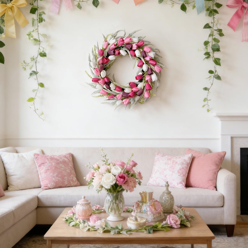 Bibelot 20 Inch Tulip Wreath for Front Door, Spring Summer Wreath with Pink White Purple Artificial Flowers, Valentines Day Wreaths for Wedding Gifts Window Wall Festival Decorations - Image 5