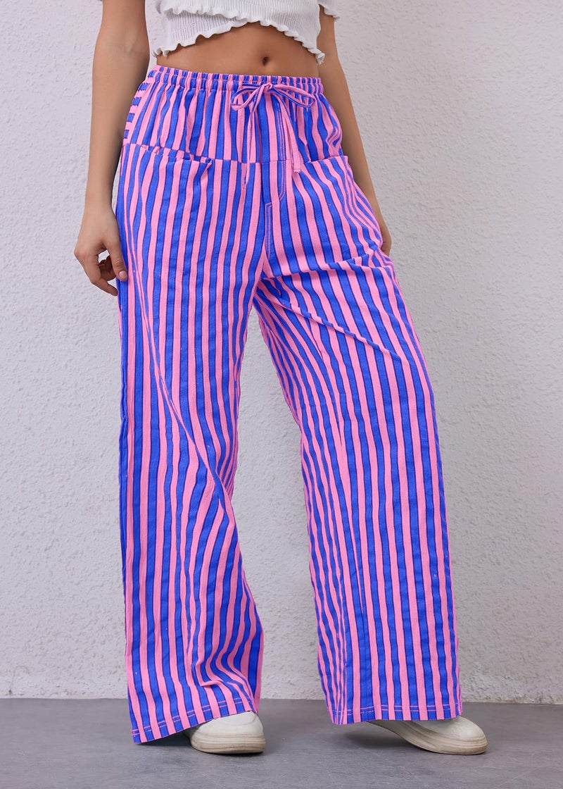 MISSACTIVER Women Drawstring Striped Pants Loose Wide Leg Trousers Casual Low Waist Pants Comfy Lounge Pants with Pockets Pink Blue - Image 3
