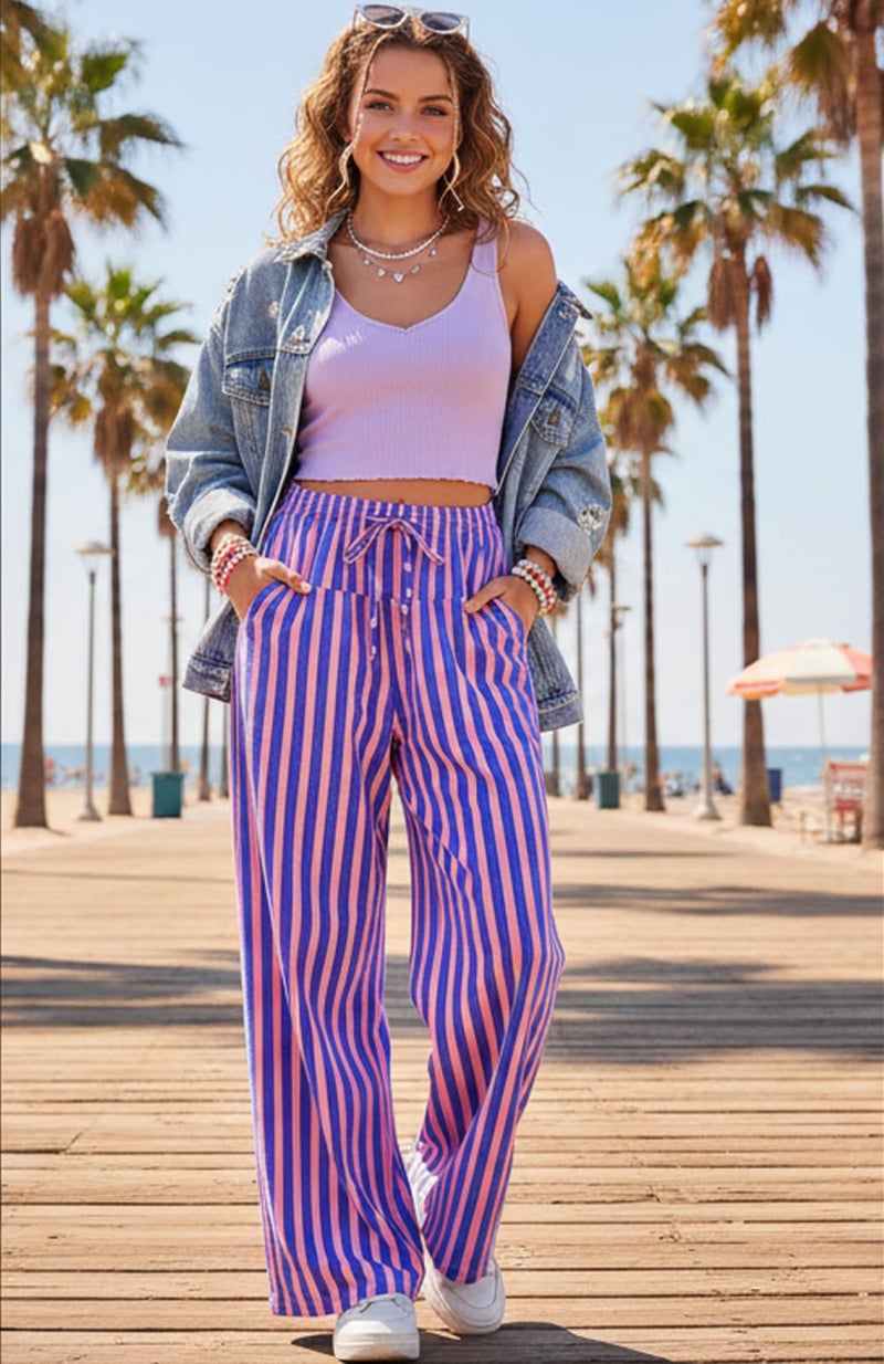 MISSACTIVER Women Drawstring Striped Pants Loose Wide Leg Trousers Casual Low Waist Pants Comfy Lounge Pants with Pockets Pink Blue - Image 2