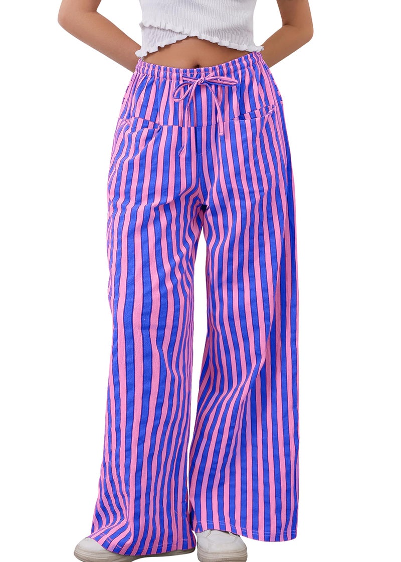 MISSACTIVER Women Drawstring Striped Pants Loose Wide Leg Trousers Casual Low Waist Pants Comfy Lounge Pants with Pockets Pink Blue - Image 1