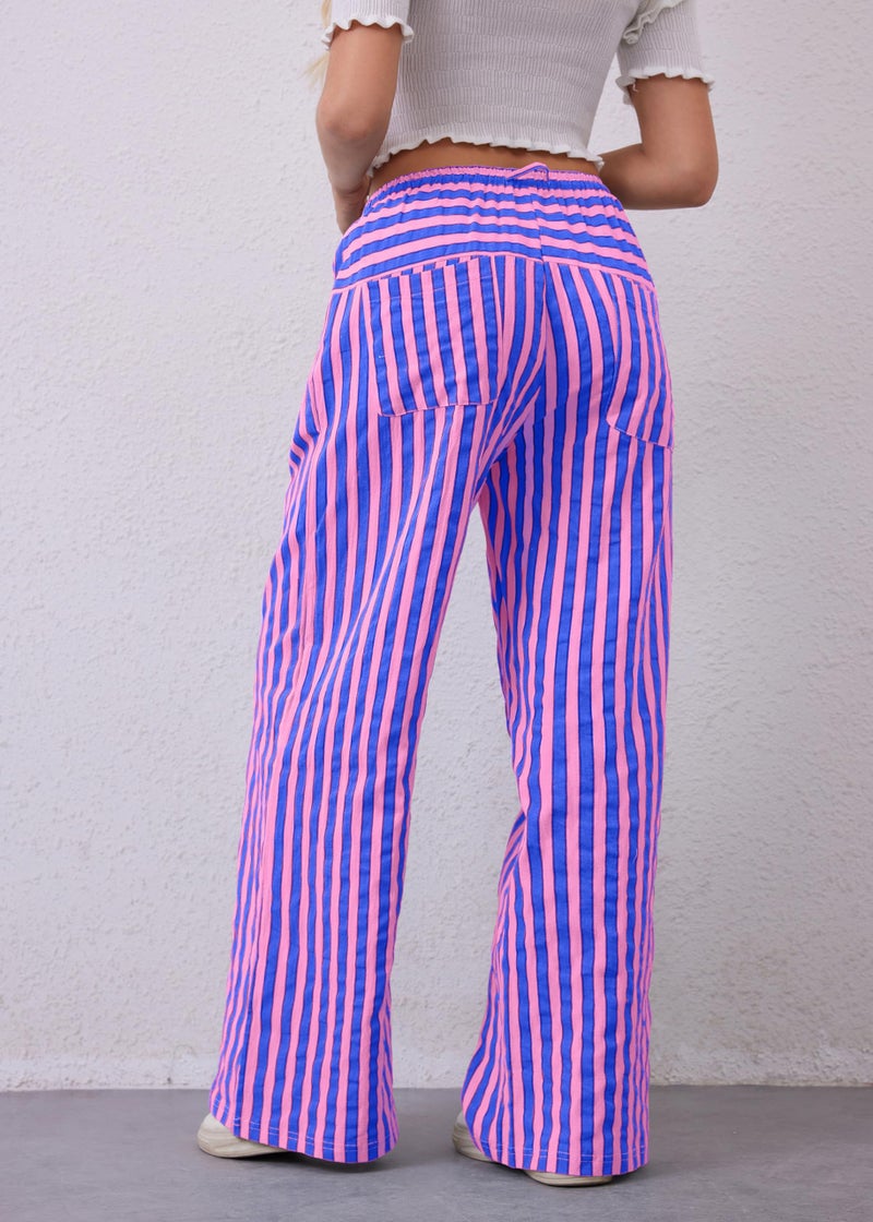 MISSACTIVER Women Drawstring Striped Pants Loose Wide Leg Trousers Casual Low Waist Pants Comfy Lounge Pants with Pockets Pink Blue - Image 4