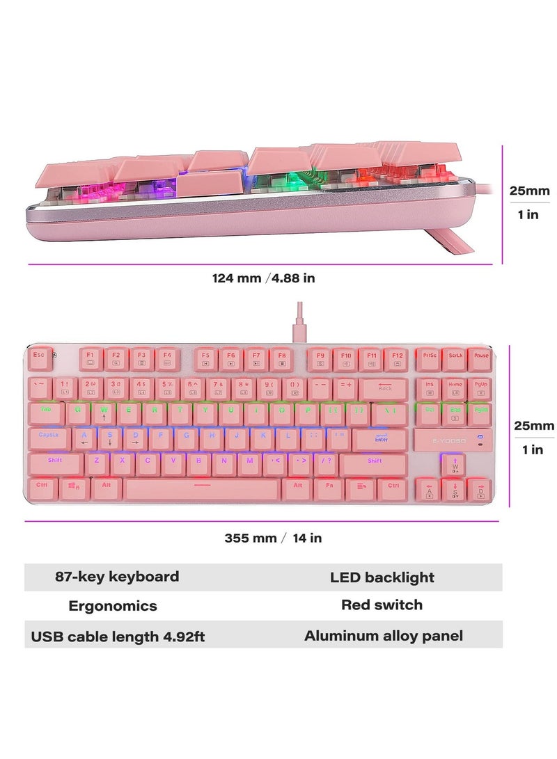 إي-يوسو لوحة مفاتيح ألعاب ميكانيكية RGB بـ 87 مفتاحًا، مفاتيح بنية، قابلة للتبديل السريع، لوحة مفاتيح ألعاب سلكية لألعاب الكمبيوتر بنظام Windows/MacOS/Android، لون وردي - Image 5