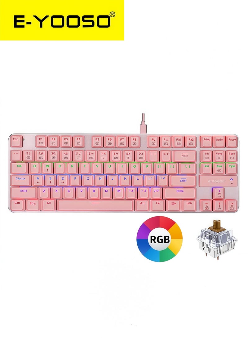 إي-يوسو لوحة مفاتيح ألعاب ميكانيكية RGB بـ 87 مفتاحًا، مفاتيح بنية، قابلة للتبديل السريع، لوحة مفاتيح ألعاب سلكية لألعاب الكمبيوتر بنظام Windows/MacOS/Android، لون وردي - Image 1