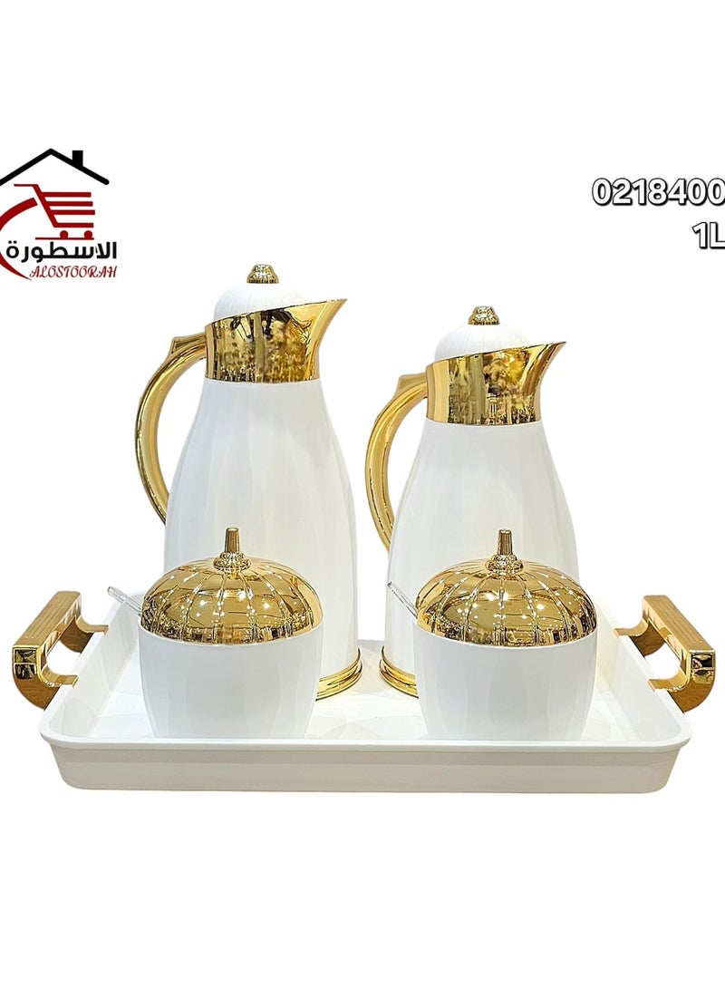 AL OSTORAH White + gold thermos set, 1 liter + 0.7 liters, for tea and coffee, with a serving tray, sugar bowl, and tea box, with an attractive design, 5 pieces