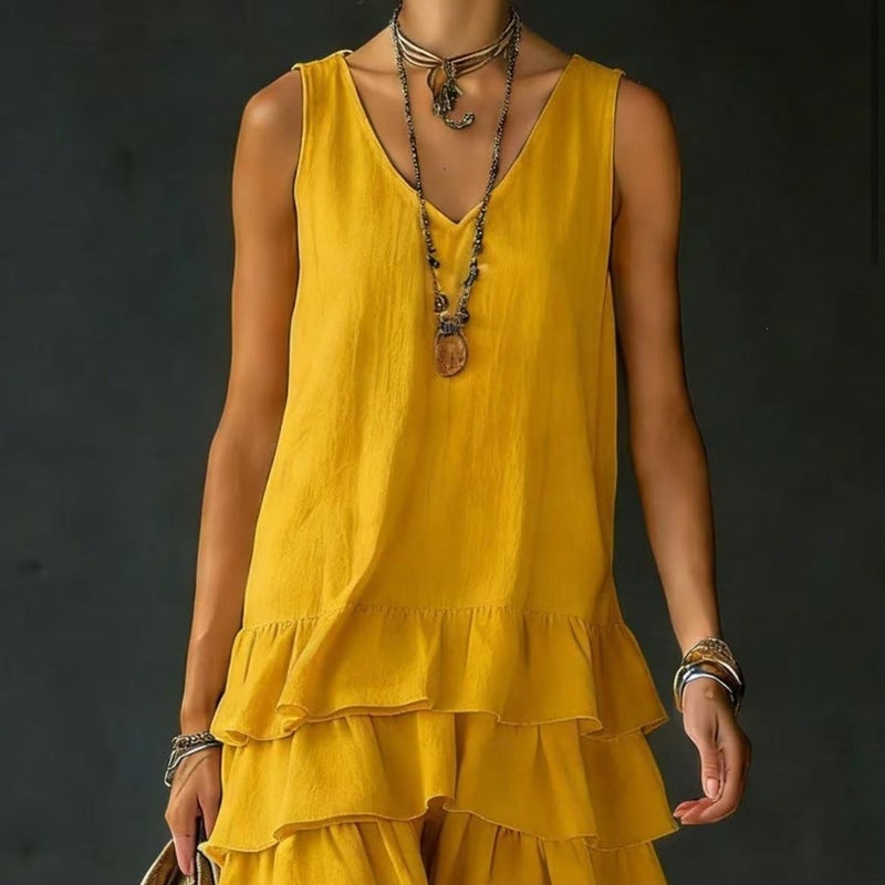 Women's Vintage V-Neck Sleeveless Dress with Layered Ruffle Hem - Image 4