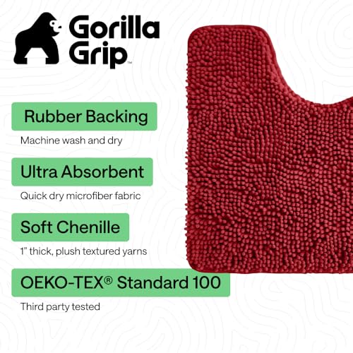 GORILLA GRIP Plush Absorbent Shaggy Chenille Bath Rug Mat for Oval Toilet Base with Rubber Backing Machine Washable Rugs Soft Microfiber Contour Mats for Toilets Quick Dry Bathroom Decor Red - Image 3