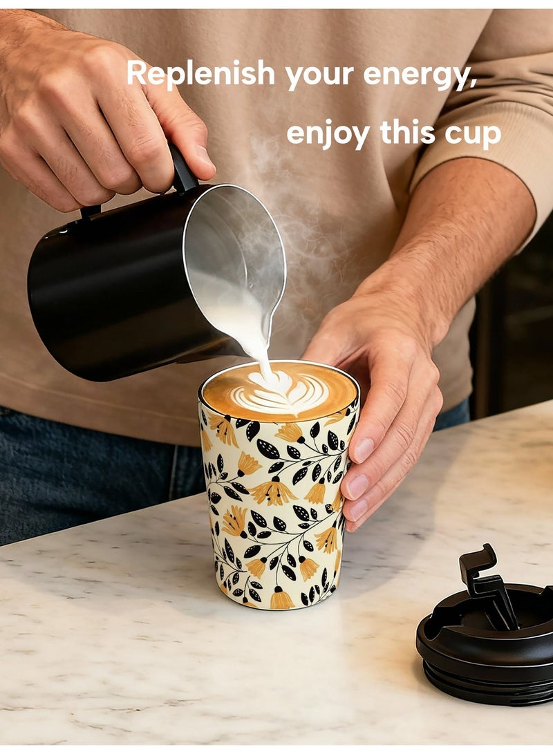 GALADUNE 12oz Coffee Mug,Stainless Steel Insulated, Leakproof Travel Mug, For Hot & Cold Drinks, Portable On-the-Go Cup, For Office Home School Travel, Yellow flowers Design, Gift for Women Men - Image 3