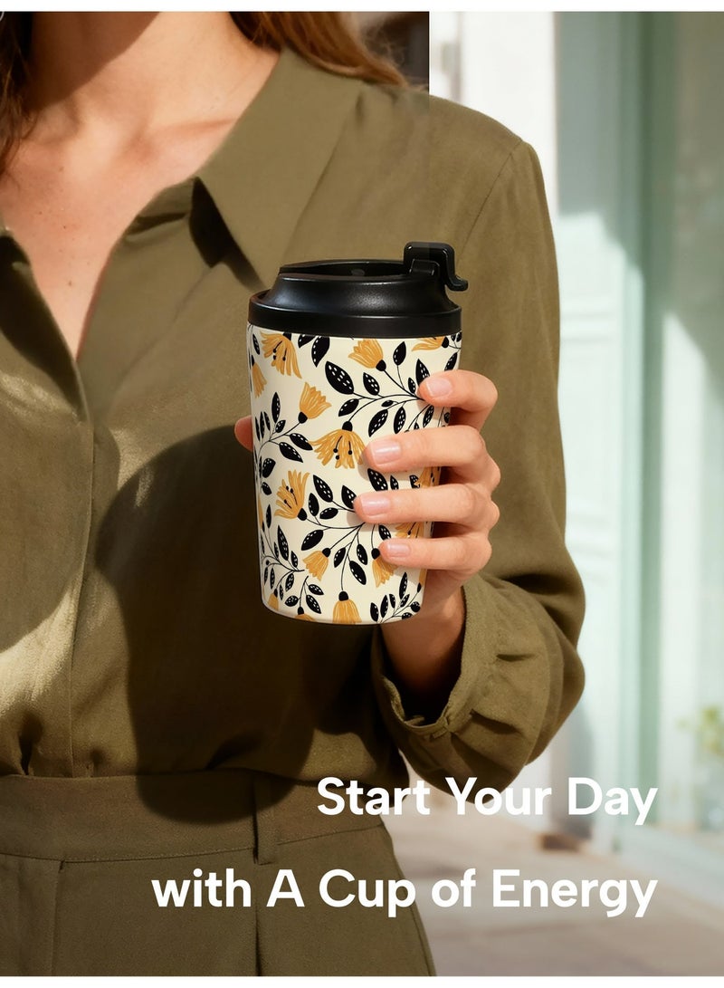 GALADUNE 12oz Coffee Mug,Stainless Steel Insulated, Leakproof Travel Mug, For Hot & Cold Drinks, Portable On-the-Go Cup, For Office Home School Travel, Yellow flowers Design, Gift for Women Men - Image 2