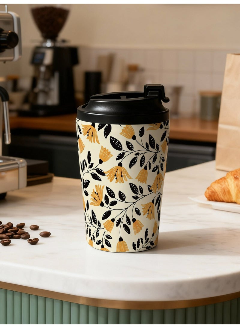 GALADUNE 12oz Coffee Mug,Stainless Steel Insulated, Leakproof Travel Mug, For Hot & Cold Drinks, Portable On-the-Go Cup, For Office Home School Travel, Yellow flowers Design, Gift for Women Men - Image 1