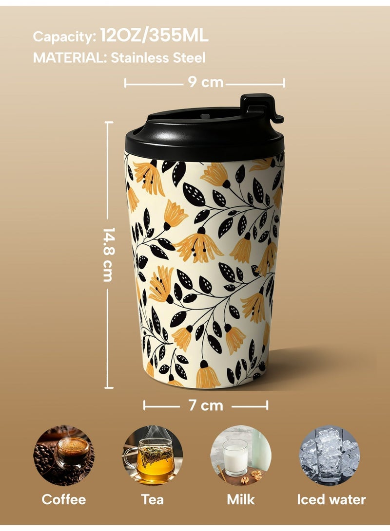GALADUNE 12oz Coffee Mug,Stainless Steel Insulated, Leakproof Travel Mug, For Hot & Cold Drinks, Portable On-the-Go Cup, For Office Home School Travel, Yellow flowers Design, Gift for Women Men - Image 5