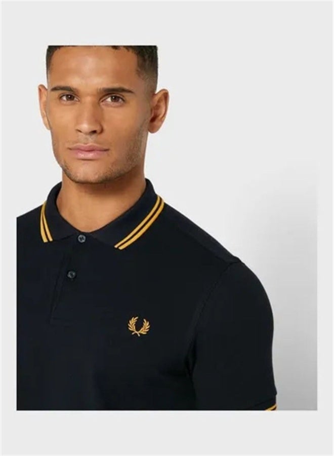 FRED PERRY Men's Classic Fit Twin-Tipped Polo Shirt | 100% Cotton, Embroidered Logo, Machine Washable | Black/Yellow & Yellow Tipping - Image 3