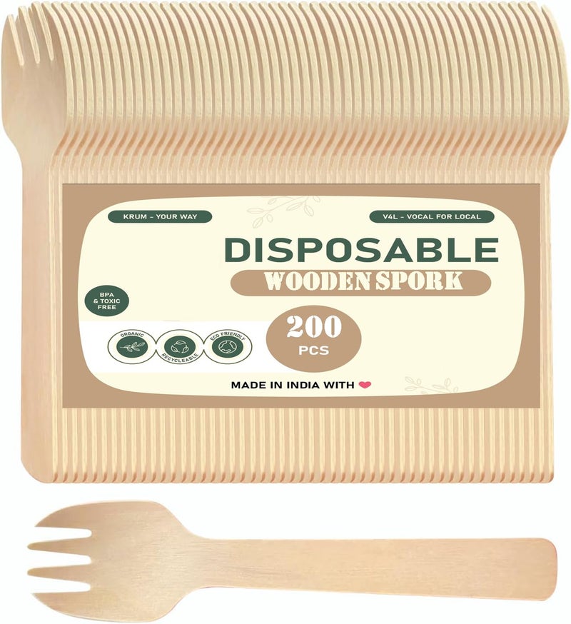 V4L Wooden Disposable Spork 2 in 1 Spoon Fork Mini Wooden Cutlery Set 16 CM 200 Spoon - Image 1