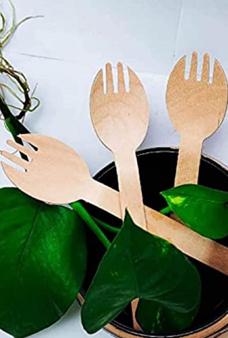 V4L Wooden Disposable Spork 2 in 1 Spoon Fork Mini Wooden Cutlery Set 16 CM 200 Spoon - Image 5