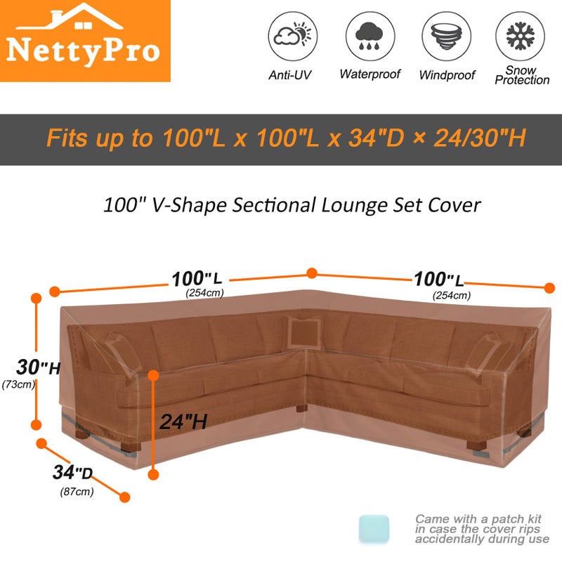 NettyPro Patio V-Shaped Sectional Lounge Set Cover Waterproof (V-100 Lx100 Dx30 H) - Image 5