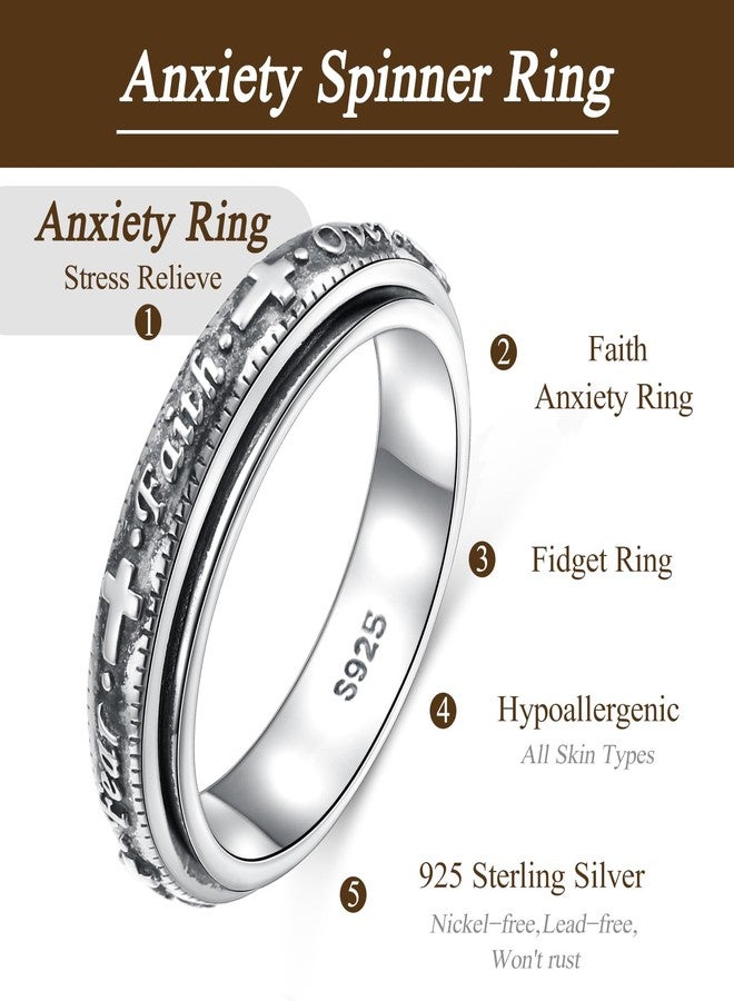 Ladytree Anxiety Relieve Spinner Rings 925 Sterling Silver Faith Over Fear Cross Pattern Oxidized Fidget Ring Meditation ADHD Stress Relieving Ring for Women Men,Size 7 - Image 5