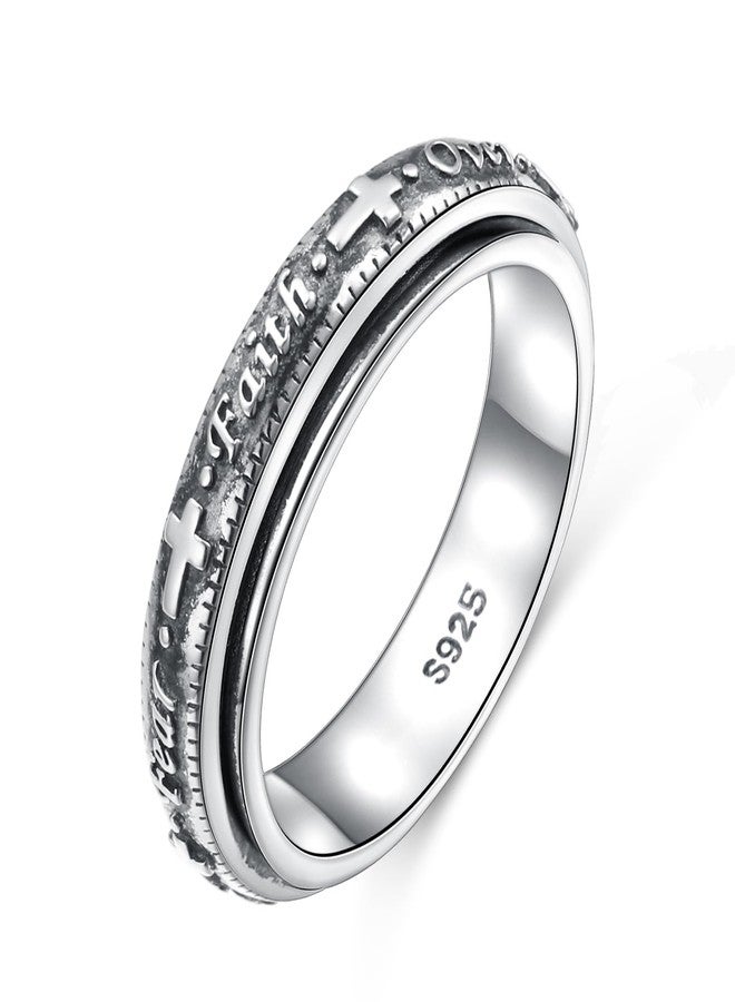 Ladytree Anxiety Relieve Spinner Rings 925 Sterling Silver Faith Over Fear Cross Pattern Oxidized Fidget Ring Meditation ADHD Stress Relieving Ring for Women Men,Size 7 - Image 1