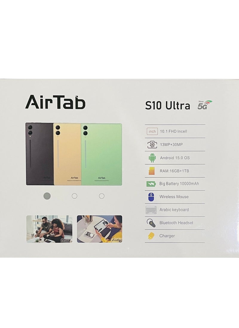 AirTab - S10 Ultra 5G Wi-Fi Android Tablet with 10.1 Inch Display 16GB RAM 1TB ROM 10000mAh Battery with Wireless Arabic Keyboard Grey - Image 1