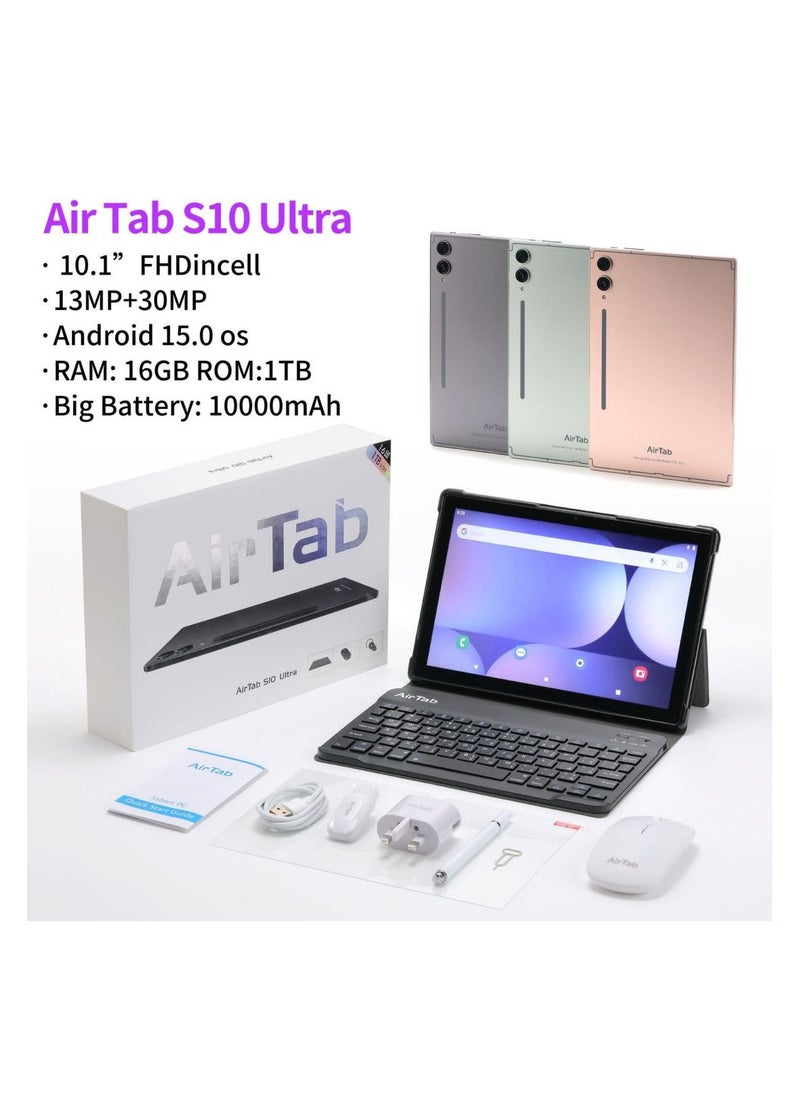 AirTab - S10 Ultra 5G Wi-Fi Android Tablet with 10.1 Inch Display 16GB RAM 1TB ROM 10000mAh Battery with Wireless Arabic Keyboard Grey - Image 1
