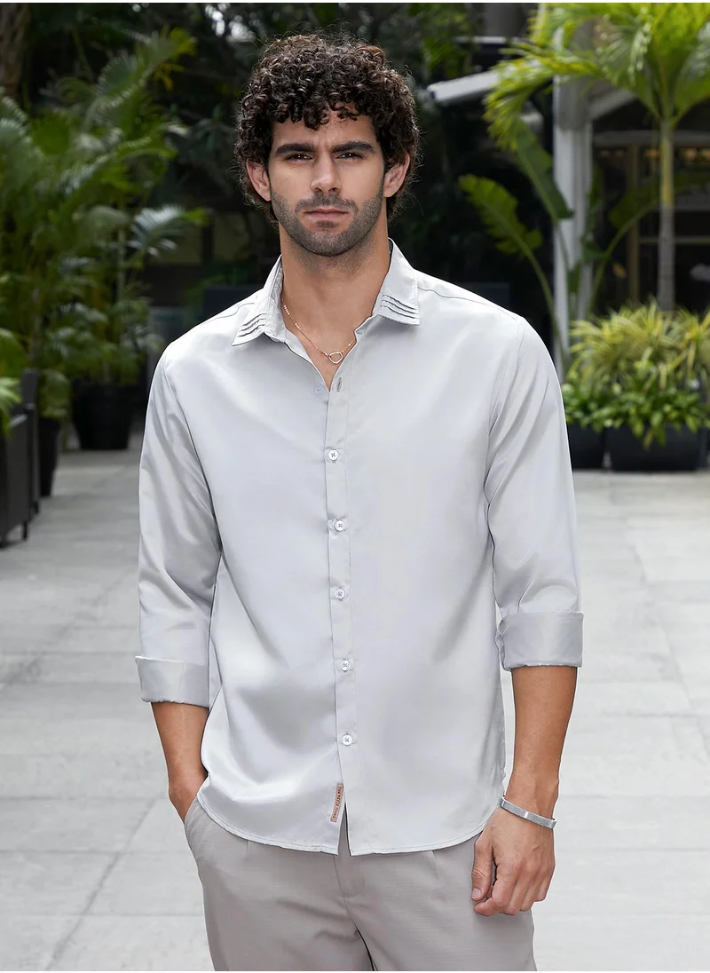 Campus Sutra Men's Coin Grey Pleated-Collar Shirt
