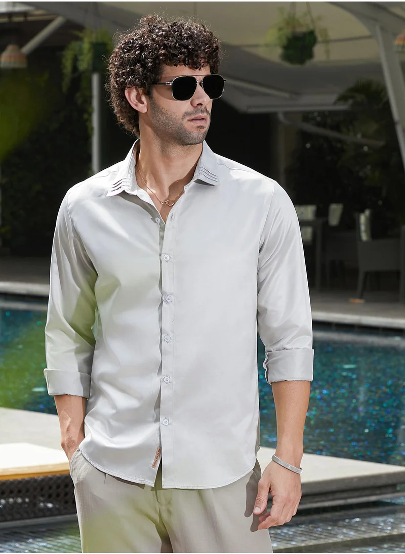 Campus Sutra Men's Coin Grey Pleated-Collar Shirt