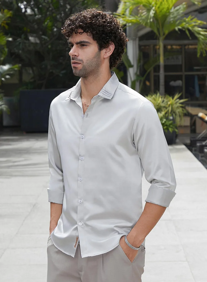 كامبوس سوترا Men's Coin Grey Pleated-Collar Shirt