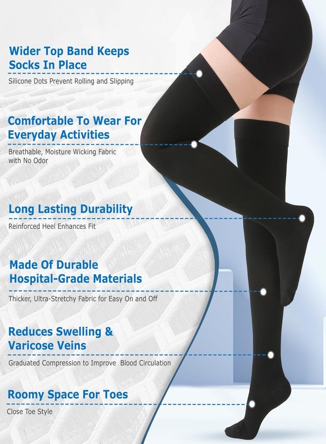 MGANG Medical 20-30 mmHg Compression Stockings for Women & Men, Pair, Thigh High Graduated Compression Socks, Closed Toe, Opaque, Support for Varicose Veins, Edema, DVT, Swelling, Flight, Black L - Image 2