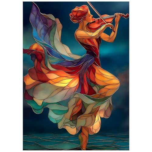 PICKFORU Stained Glass Puzzle Elegant Lady Puzzles for Adults 1000 Pieces Beautiful Woman Playing Violin Dance Jigsaw Puzzle Colorful Aesthetic Art Challenging Puzzles for Adults - Image 1