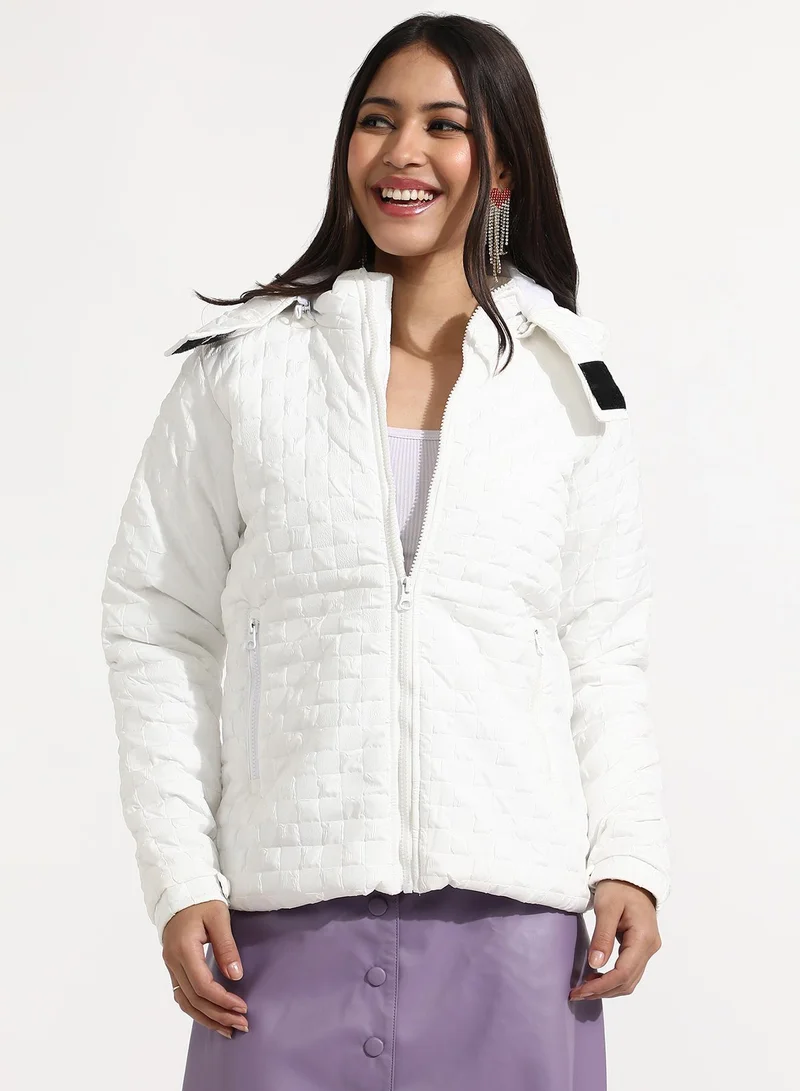 Campus Sutra Women's Powder White Buffallo Check Quilted Puffer Jacket