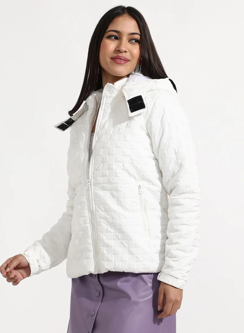 Pinacolada  Women's Powder White Buffallo Check Quilted Puffer Jacket for Women | Best Price UAE