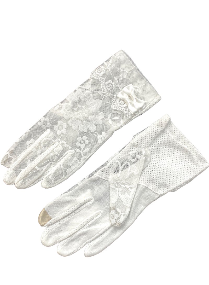 Women Lace Floral Gloves Non-slip Elegant Short Bow Lace Gloves for Wedding Parties Driving Cycling(white)  - Image 2