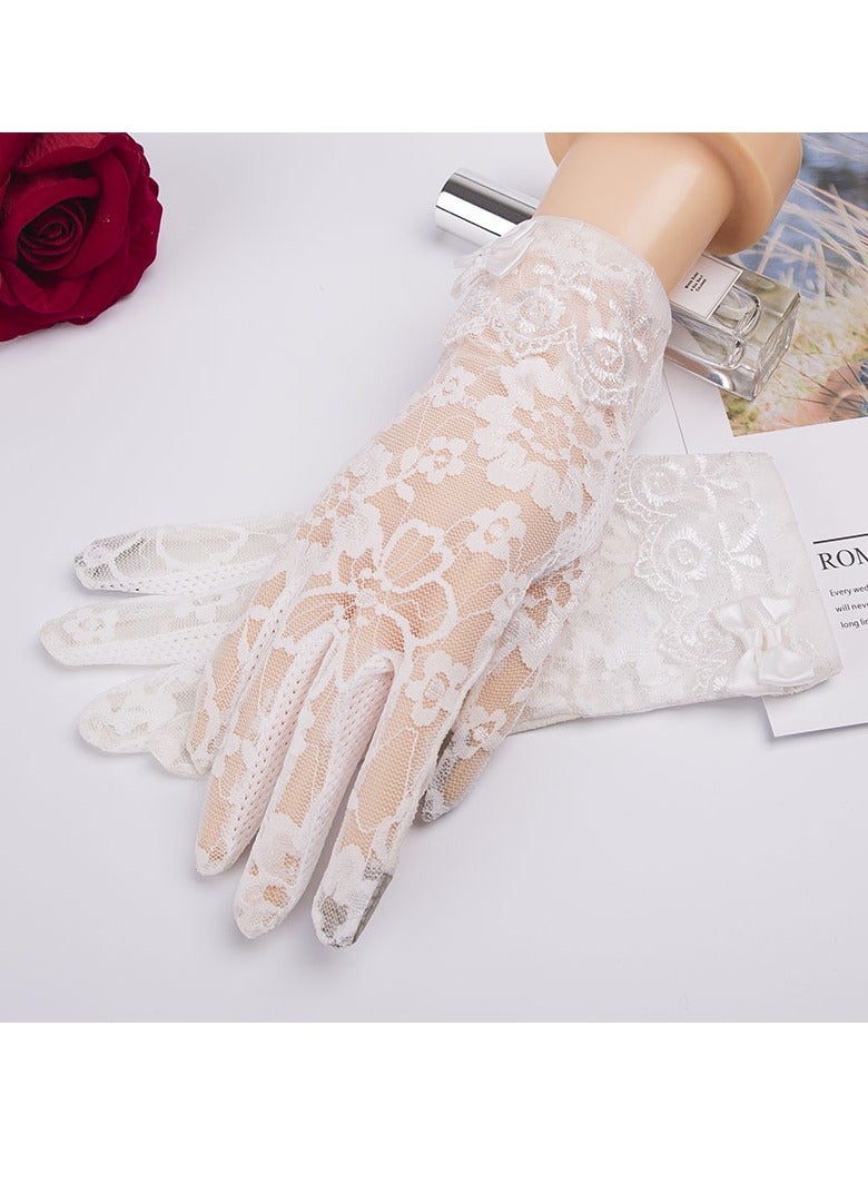 Women Lace Floral Gloves Non-slip Elegant Short Bow Lace Gloves for Wedding Parties Driving Cycling(white)  - Image 3