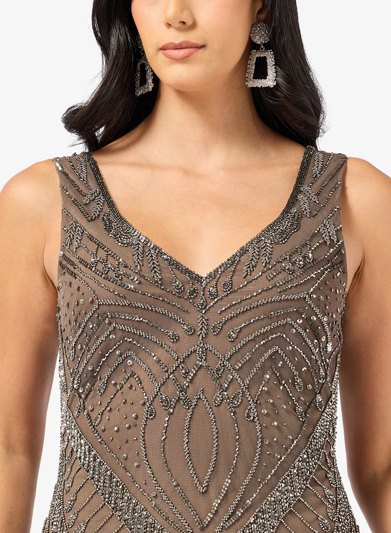 Namshi x Plunge Neck Bead Embellished Evening Gown