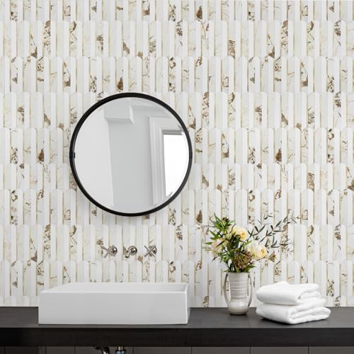 Vamos Tile بلاط فاموس القابل للتقشير واللصق، 10 أوراق بلاط خلفية للصق في المطبخ والحمام، 12''x12'' مظهر الرخام الأبيض من PVC مع معدن مختلط بالذهب، بلاط موزاييك على شكل سمكة ذات لاصق ذاتي - Image 2
