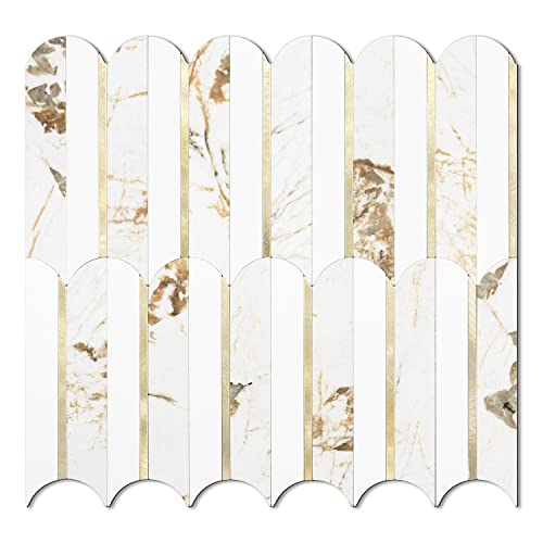 Vamos Tile بلاط فاموس القابل للتقشير واللصق، 10 أوراق بلاط خلفية للصق في المطبخ والحمام، 12''x12'' مظهر الرخام الأبيض من PVC مع معدن مختلط بالذهب، بلاط موزاييك على شكل سمكة ذات لاصق ذاتي - Image 1
