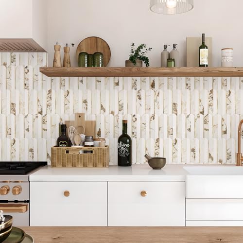 Vamos Tile بلاط فاموس القابل للتقشير واللصق، 10 أوراق بلاط خلفية للصق في المطبخ والحمام، 12''x12'' مظهر الرخام الأبيض من PVC مع معدن مختلط بالذهب، بلاط موزاييك على شكل سمكة ذات لاصق ذاتي - Image 3
