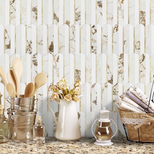 Vamos Tile بلاط فاموس القابل للتقشير واللصق، 10 أوراق بلاط خلفية للصق في المطبخ والحمام، 12''x12'' مظهر الرخام الأبيض من PVC مع معدن مختلط بالذهب، بلاط موزاييك على شكل سمكة ذات لاصق ذاتي - Image 4