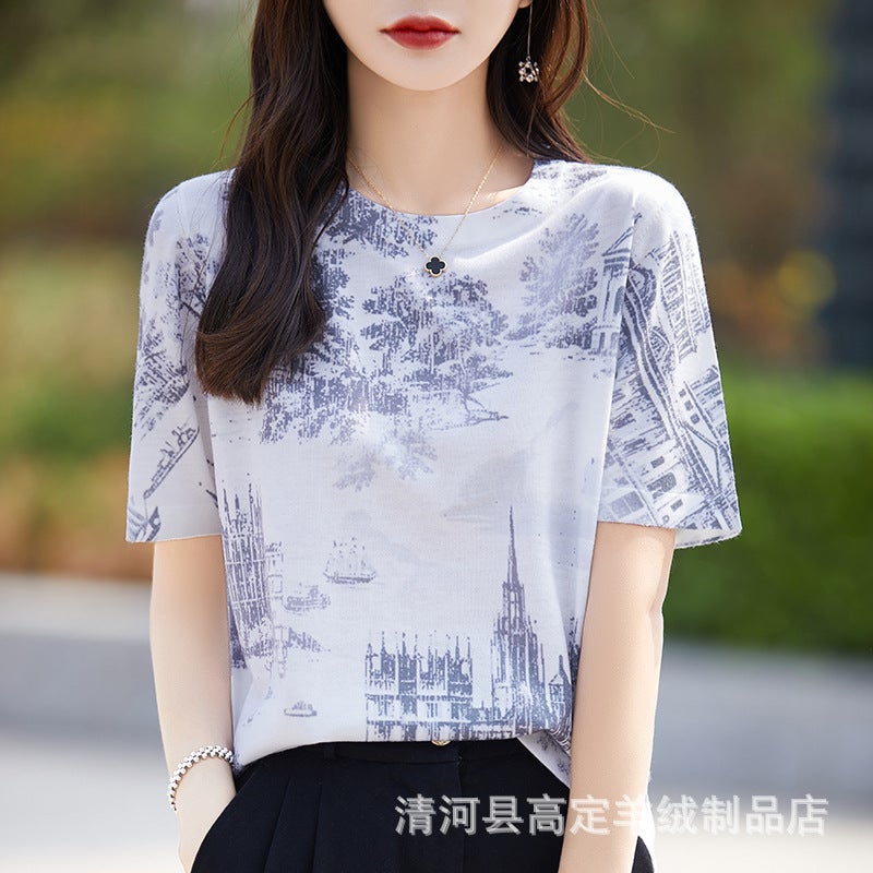 There Is Always A Suitable One-Summer Classic Joker Mulberry Silk Various Printed Pattern Round Neck Short Sleeve T-Shirt - Image 1