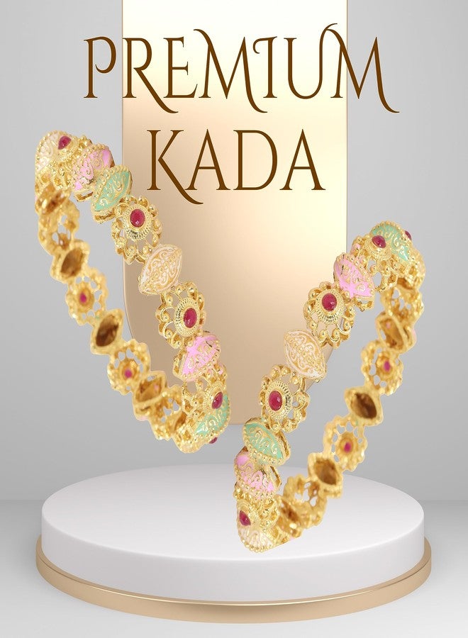 NMII Brass Gold Plated Bangles Set For Girls and Women Studded Pearls and Stone | Gold Plated Brass Bangles | Metal bangles | (Pack of 2), (MAH45_2383-Navkar-Gold-Multi-2.6) - Image 5