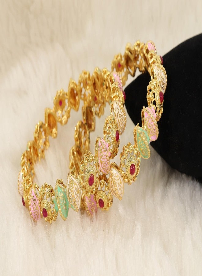 NMII Brass Gold Plated Bangles Set For Girls and Women Studded Pearls and Stone | Gold Plated Brass Bangles | Metal bangles | (Pack of 2), (MAH45_2383-Navkar-Gold-Multi-2.6) - Image 3