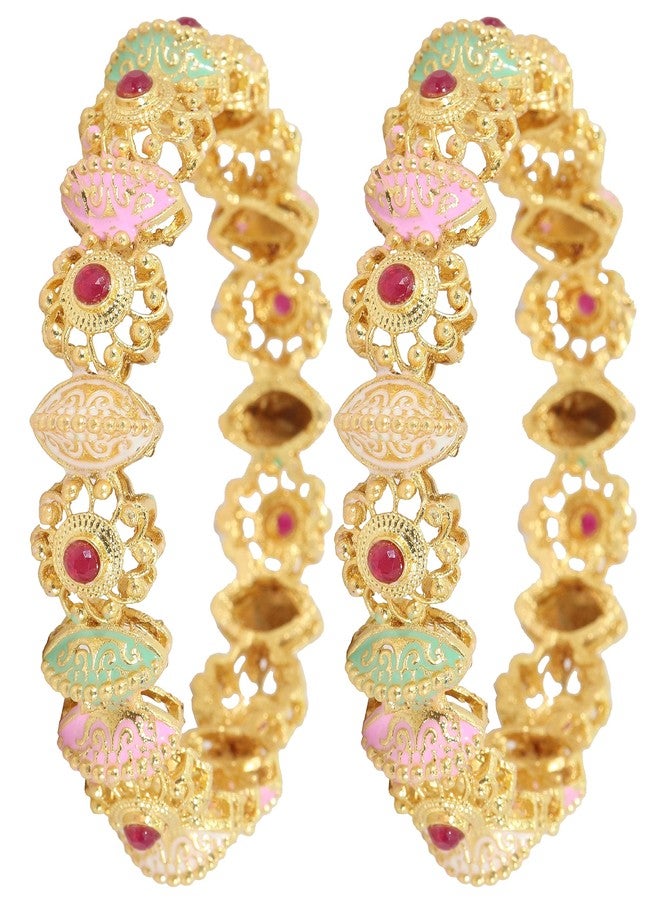 NMII Brass Gold Plated Bangles Set For Girls and Women Studded Pearls and Stone | Gold Plated Brass Bangles | Metal bangles | (Pack of 2), (MAH45_2383-Navkar-Gold-Multi-2.6) - Image 1