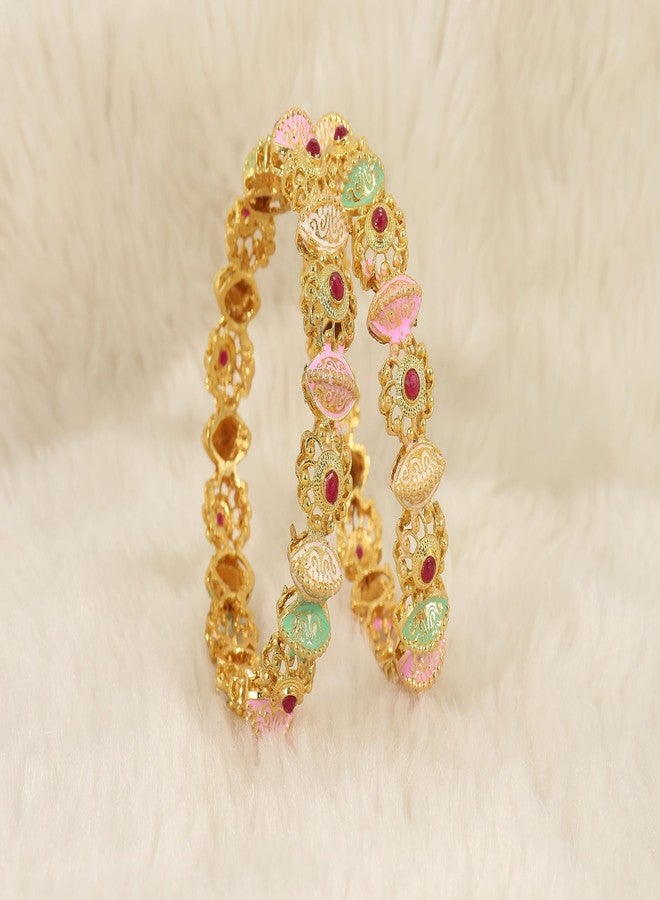 NMII Brass Gold Plated Bangles Set For Girls and Women Studded Pearls and Stone | Gold Plated Brass Bangles | Metal bangles | (Pack of 2), (MAH45_2383-Navkar-Gold-Multi-2.6) - Image 2