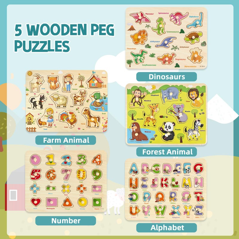 edutree Wooden Peg Puzzle for Toddlers 2-4, 5 Pack Montessori Toys Learning Educational Puzzles for Kids Girls Boys 2 3 4 Yesrs Old with Dinosaurs Farm Animal Number - Image 2