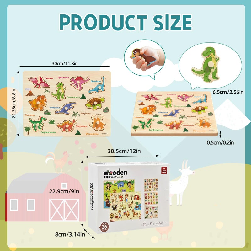 edutree Wooden Peg Puzzle for Toddlers 2-4, 5 Pack Montessori Toys Learning Educational Puzzles for Kids Girls Boys 2 3 4 Yesrs Old with Dinosaurs Farm Animal Number - Image 4